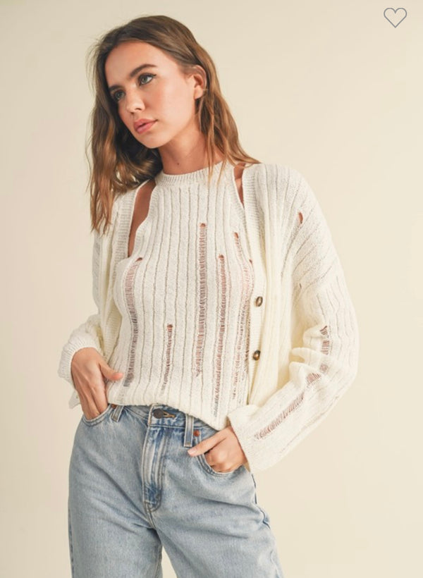 Miou Muse Ivory Distressed Look Knit Cardigan Spring Sweater