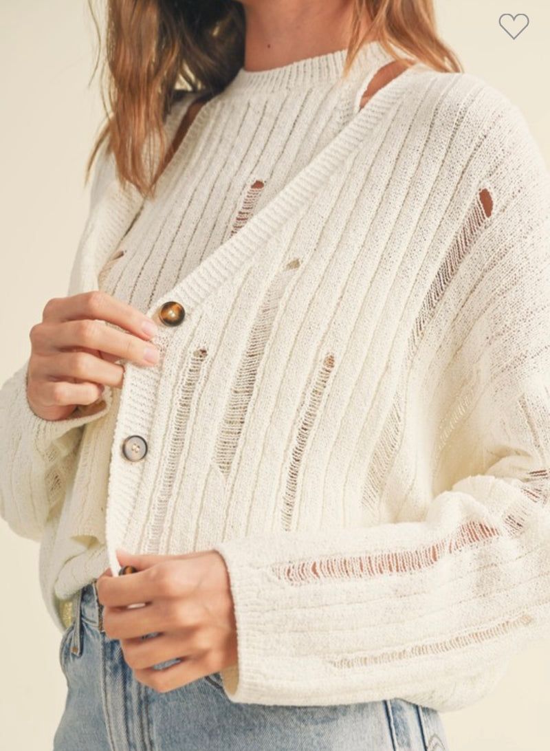 Miou Muse Ivory Distressed Look Knit Cardigan Spring Sweater