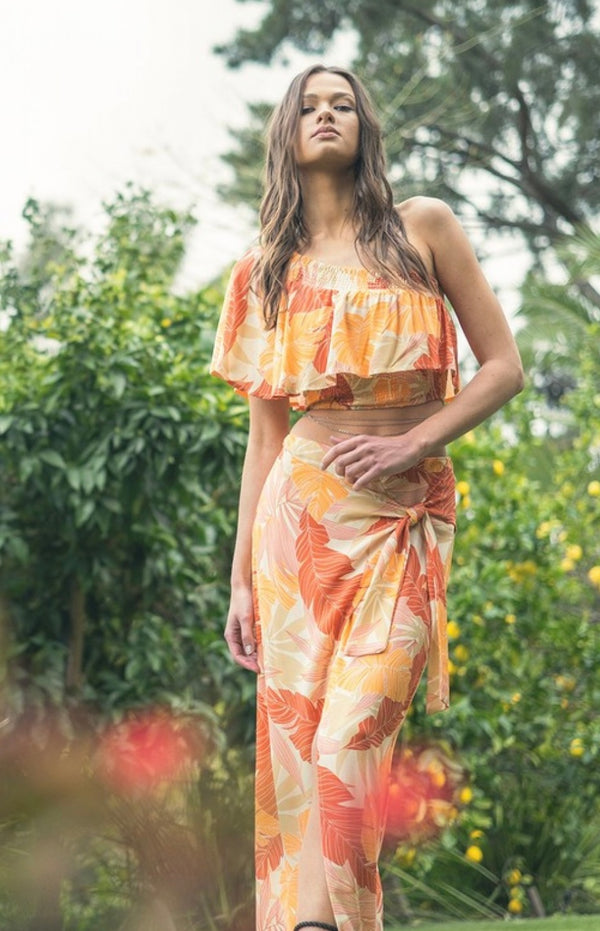Illa Illa Orange Multi Tropical Faux Wrap Maxi Spring Skirt