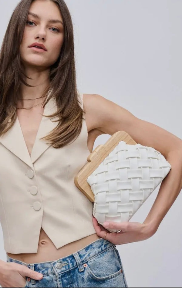 Urban White Matilda Wood Snap Closure Vegan Leather Weave Spring Bag