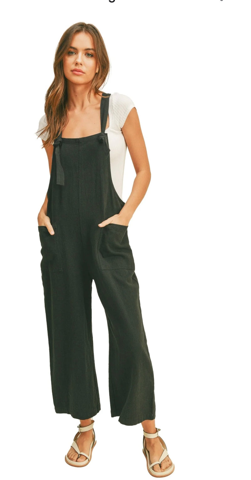 Miou Muse Wshed Black Tencel Tie Strap Spring Jumpsuit