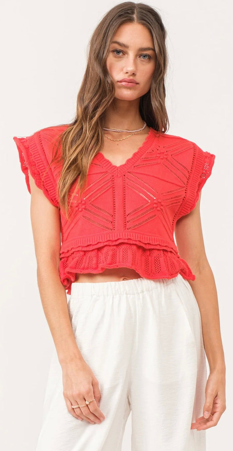 Another Love Infra Red Delaney Peplum Sweater Ruffled Spring Top