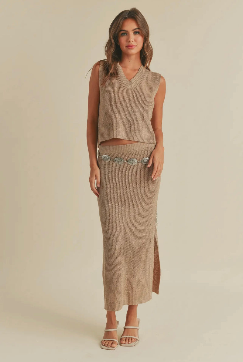 Miou Muse Taupe Knitted Midi Spring Skirt