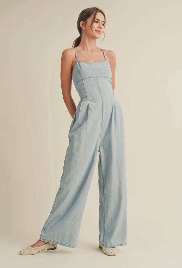 Miou Muse Light Denim Washed Denim Spring Jumpsuit