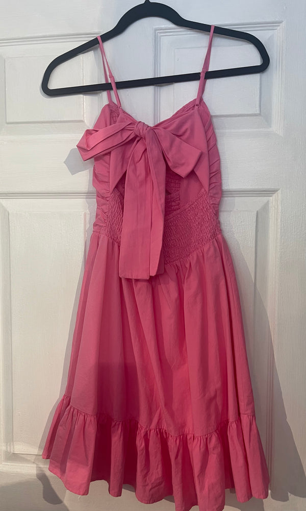 Illa Illa Pink Gathered Smocked Bodice With Back Tie Bow Mini Spring Dress