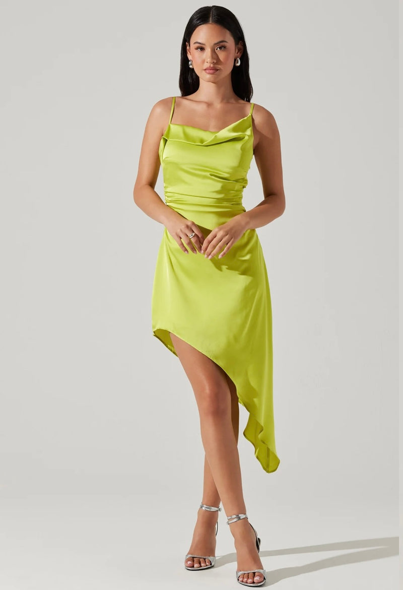 ASTR Lime Asymmetrical Side Ruched Cowl Neck Midi Spring Dress