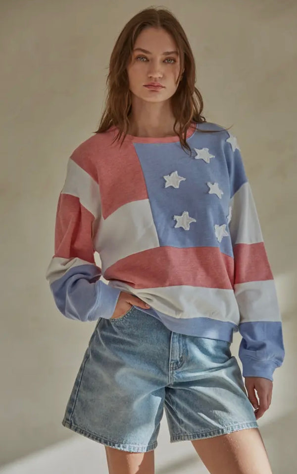By Together Red/White/Blue Crew Neck Sweat Shirt Spring Top