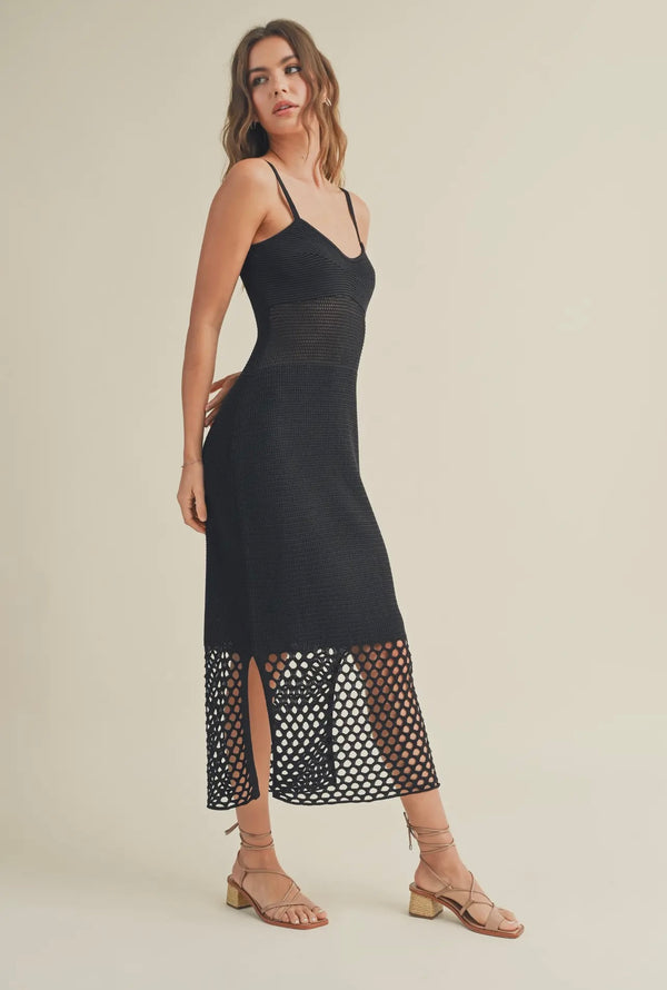 Miou Muse Black Net Pattern Bottom Knitted Midi Spring Dress