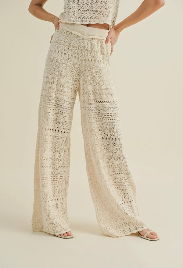 Miou Muse Beige Crochet Pattern WIde Leg Spring Pant