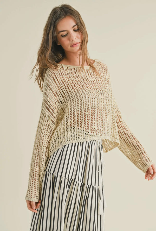 Miou Muse Oatmeal Long Sleeve Crochet Spring Top