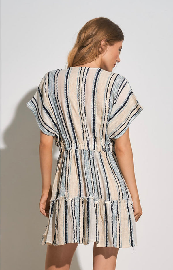 Elan Natural Blue Stripe VNeck Ruffle Bottom Cinched Waist Short Sleeve Mini Dress