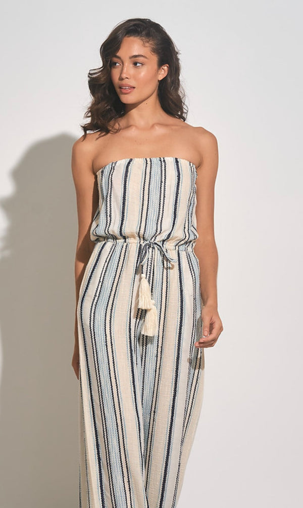 Elan Natural Blue Stripe Strapless Tie Waist Jumpsuit