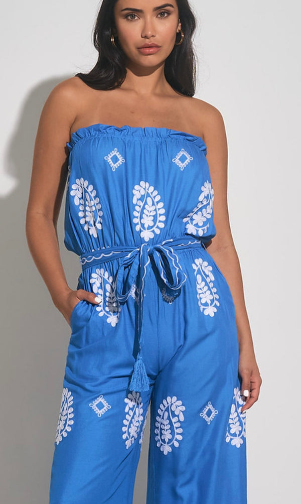 Elan Blue With White Embroidery Strapless Jumpsuit