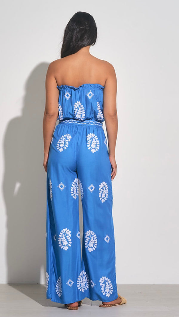 Elan Blue With White Embroidery Strapless Jumpsuit