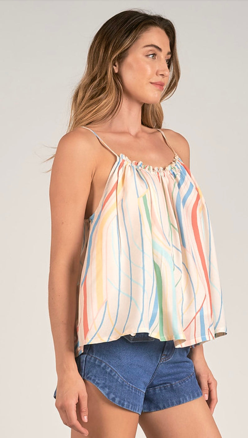 Elan Multi Santa Barbara Print Spaghetti Strap Flowing Top