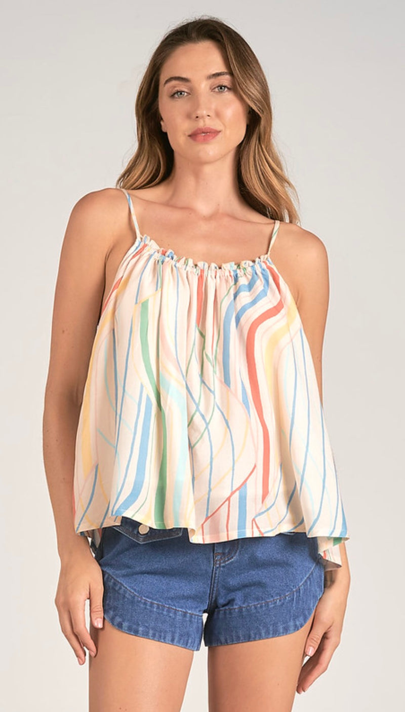 Elan Multi Santa Barbara Print Spaghetti Strap Flowing Top