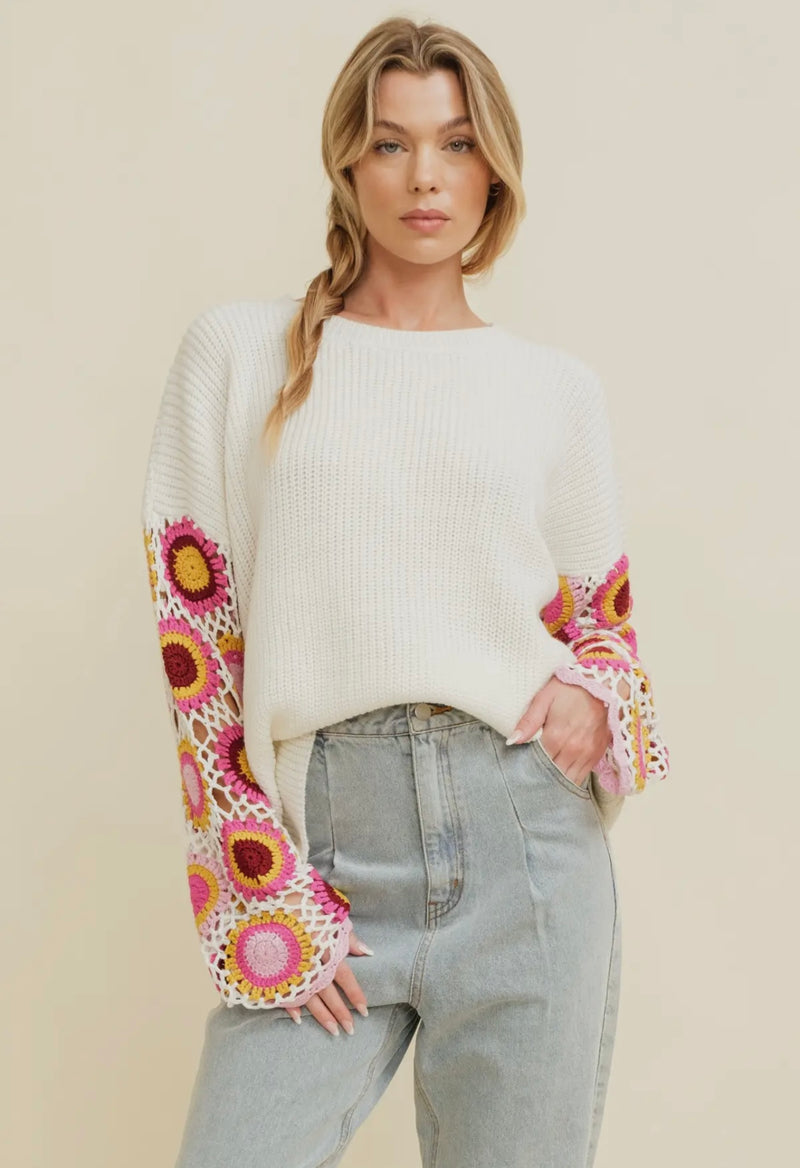 Cloud Ten Ivory Multi Crochet Floral Sleeve Knit Spring Sweater