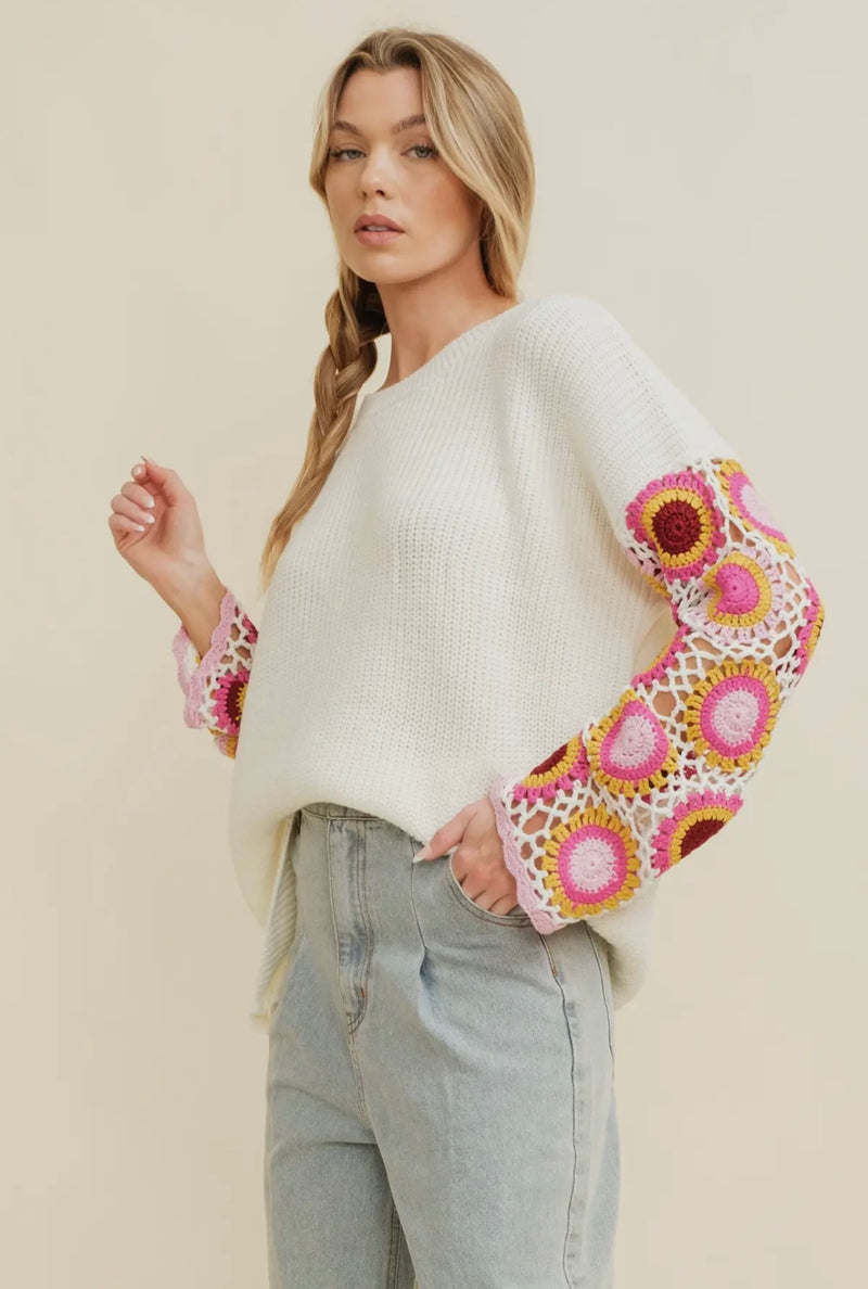 Cloud Ten Ivory Multi Crochet Floral Sleeve Knit Spring Sweater