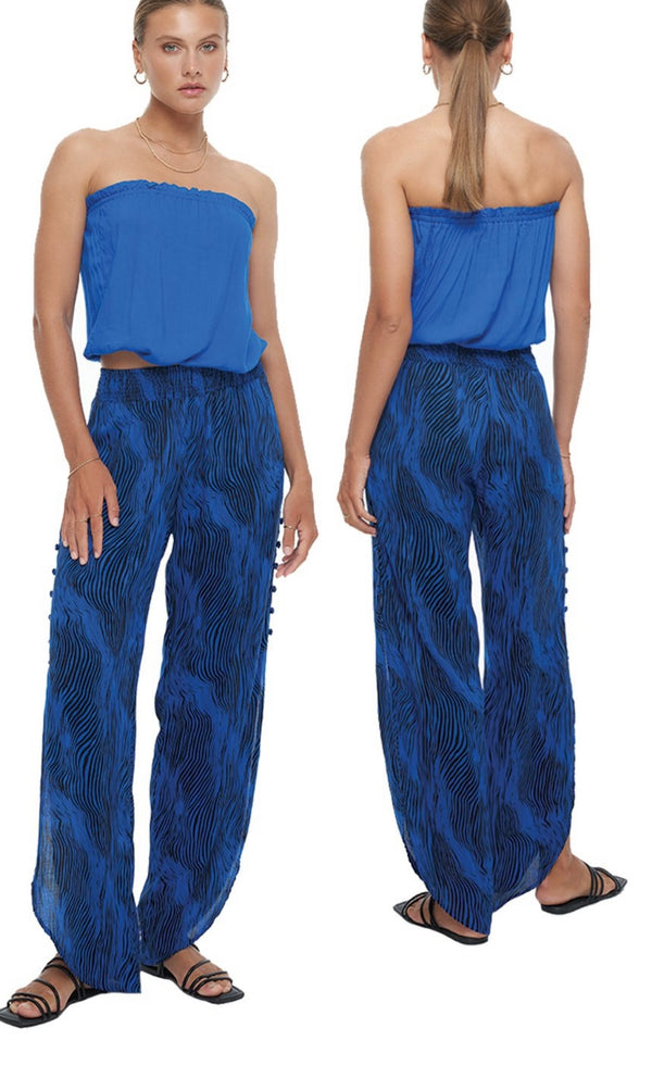 Khush Zanzibar Azure Smocked High Waisted Side Slit Rounded Hem Haven Pant