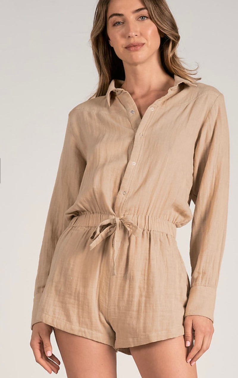 Elan Peanut Tie Waist Long Sleeve Romper