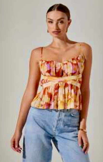 ASTR Rust Yellow Flora Spaghetti Strap Gathered Bodice Katie Top