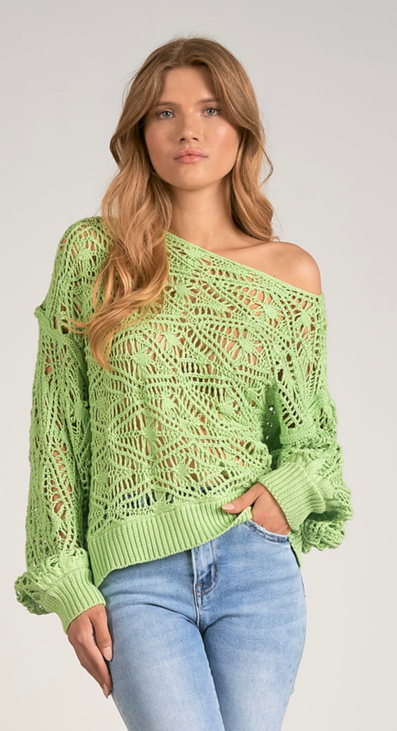 Elan Light Green Crochet Off Shoulder Sweater