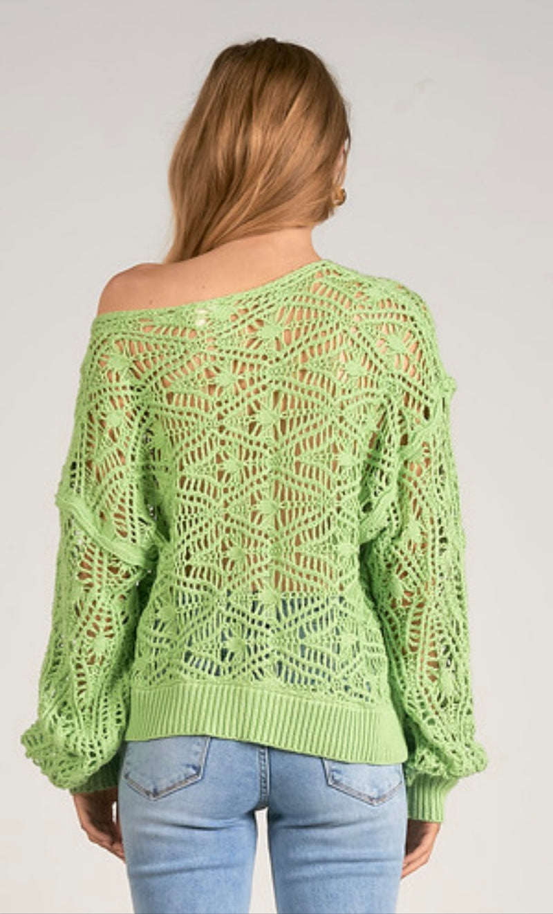 Elan Light Green Crochet Off Shoulder Sweater