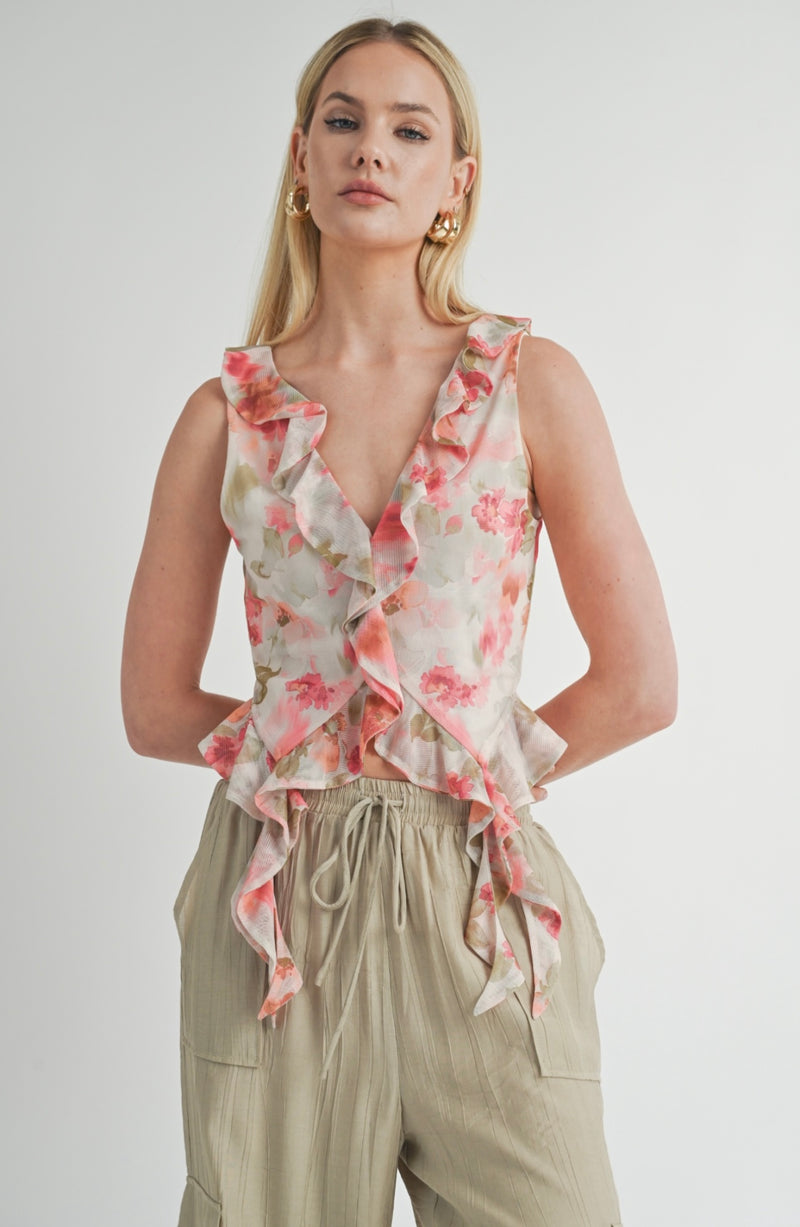 Sage The Label Ivory Multi Divine Feminine Ruffled Tank Top