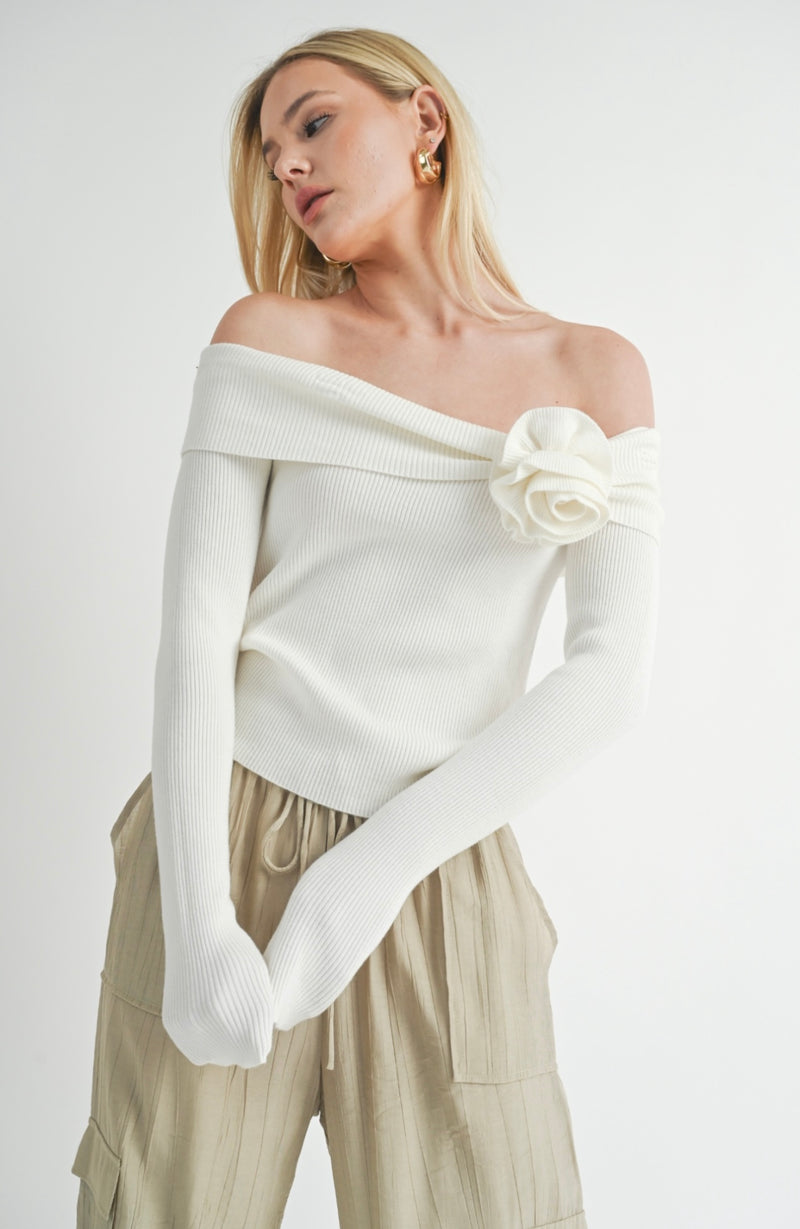 Sage The Label White Larissa Rose Off Shoulder Sweater