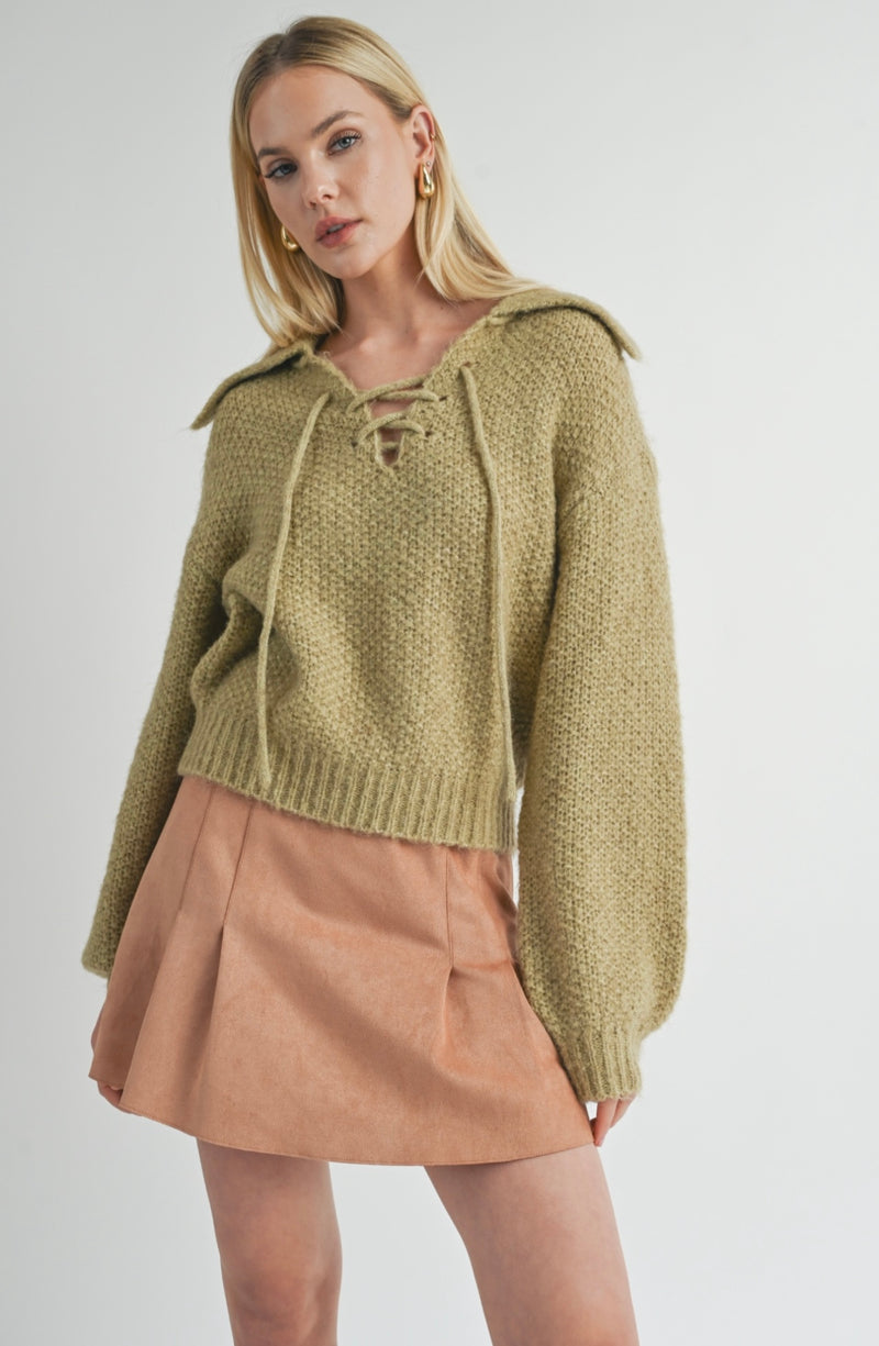 Sage The Label Sage Sophia Lace Up V Neck Sweater