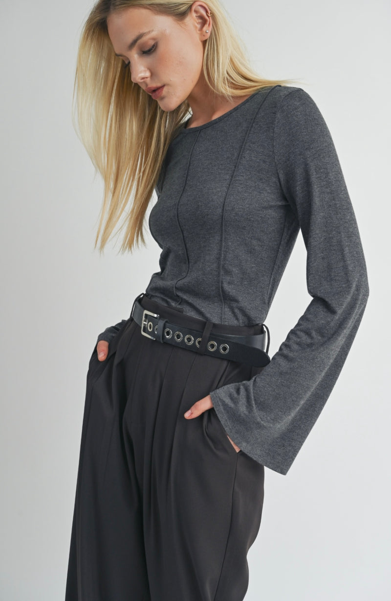 Sage The Label Charcoal Time Alone Seamed Bell Sleeve Knit Top