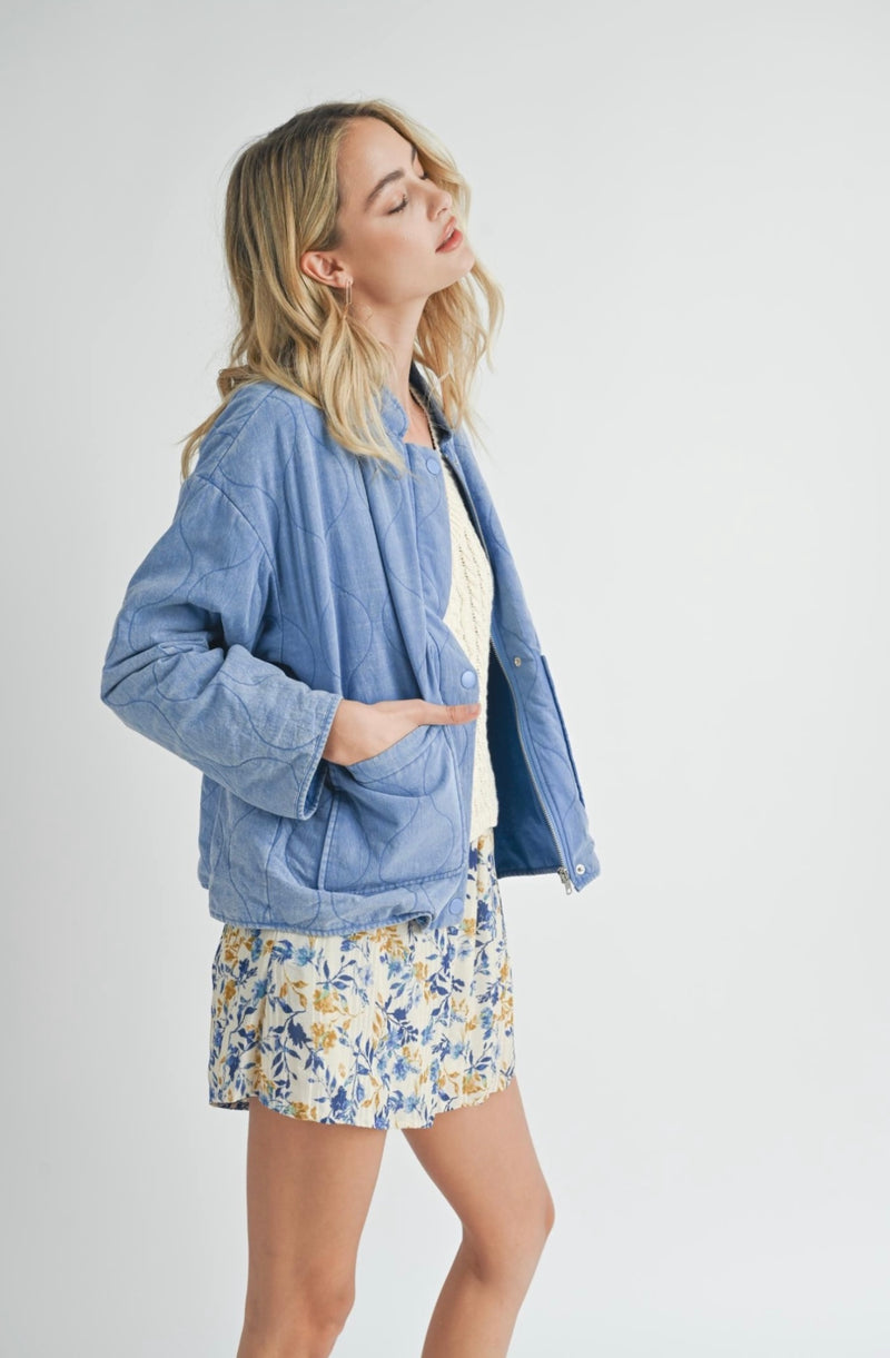 Sadie & Sage Washed Blue Weekender Washed Quilted Puffer Jacket