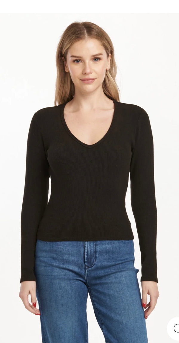 Dear John Denim Black Marlowe Vneck Ribbed Long Sleeve Top