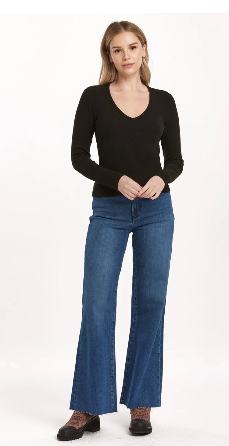 Dear John Denim Black Marlowe Vneck Ribbed Long Sleeve Top