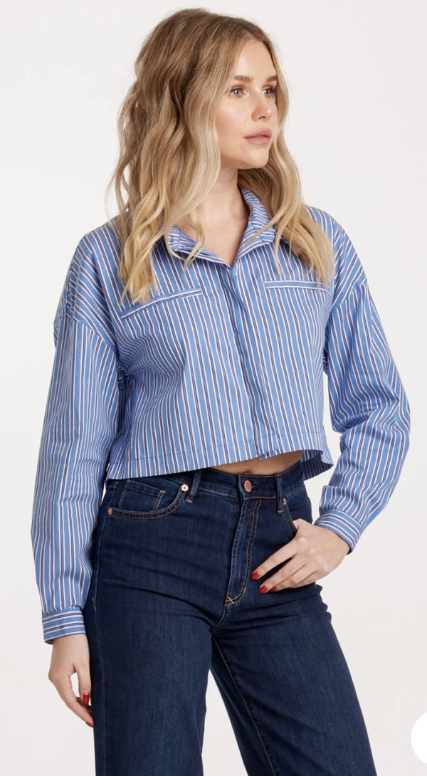 Dear John Denim Blue Lines Cropped Arianna Button Down Long Sleeve Top