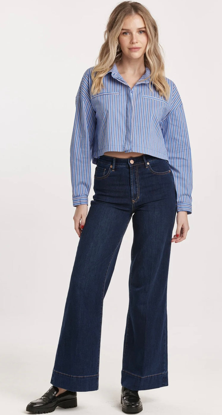 Dear John Denim Blue Lines Cropped Arianna Button Down Long Sleeve Top