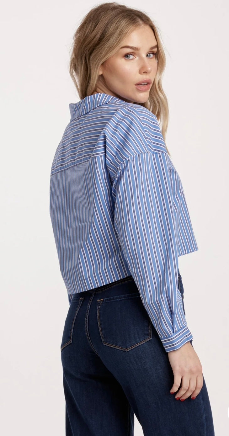 Dear John Denim Blue Lines Cropped Arianna Button Down Long Sleeve Top