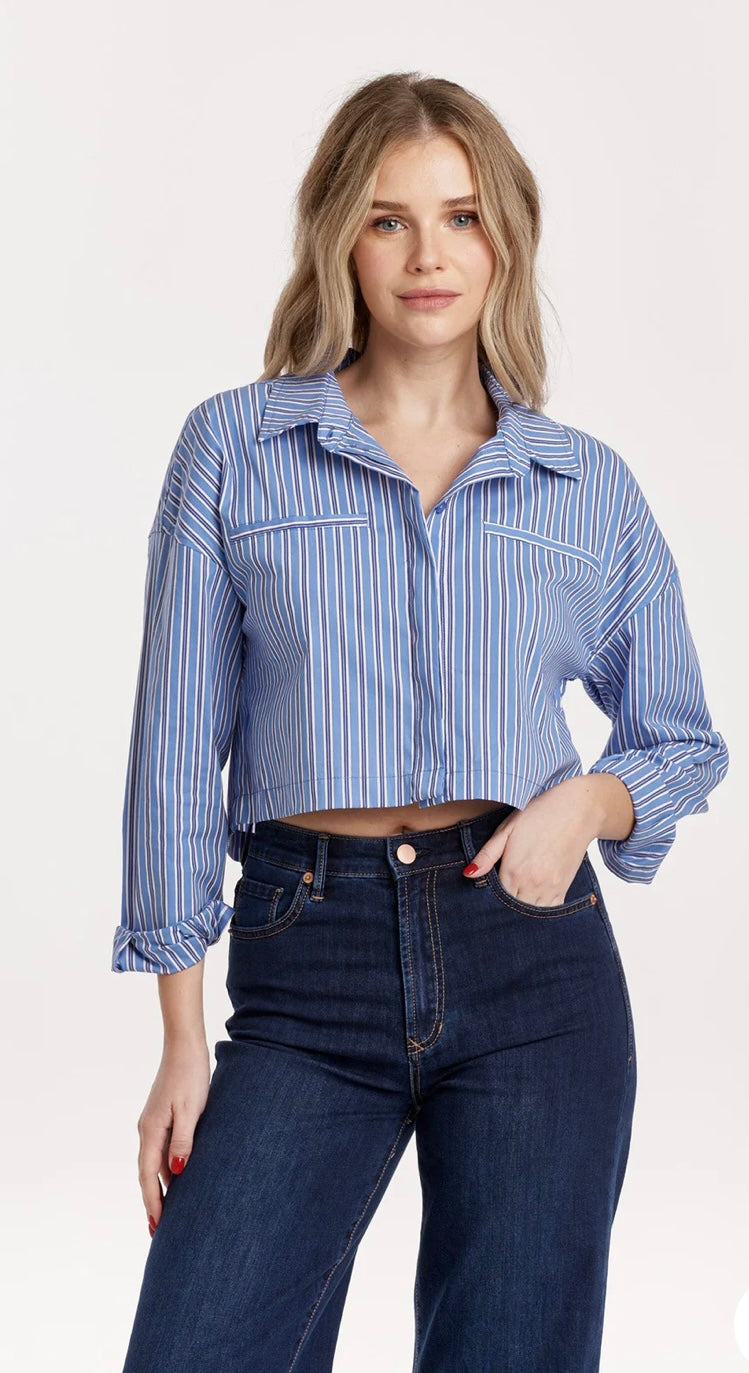 Dear John Denim Blue Lines Cropped Arianna Button Down Long Sleeve Top