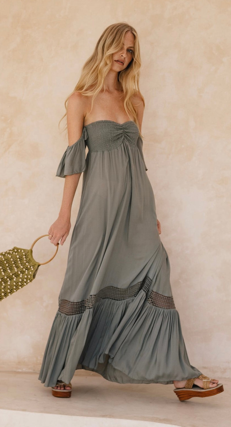 Khush Tie Dye Grey Rowan Cap Sleeve Smoked Cinched Bodice Bottom Ruffle Lace Insert Maxi Dress