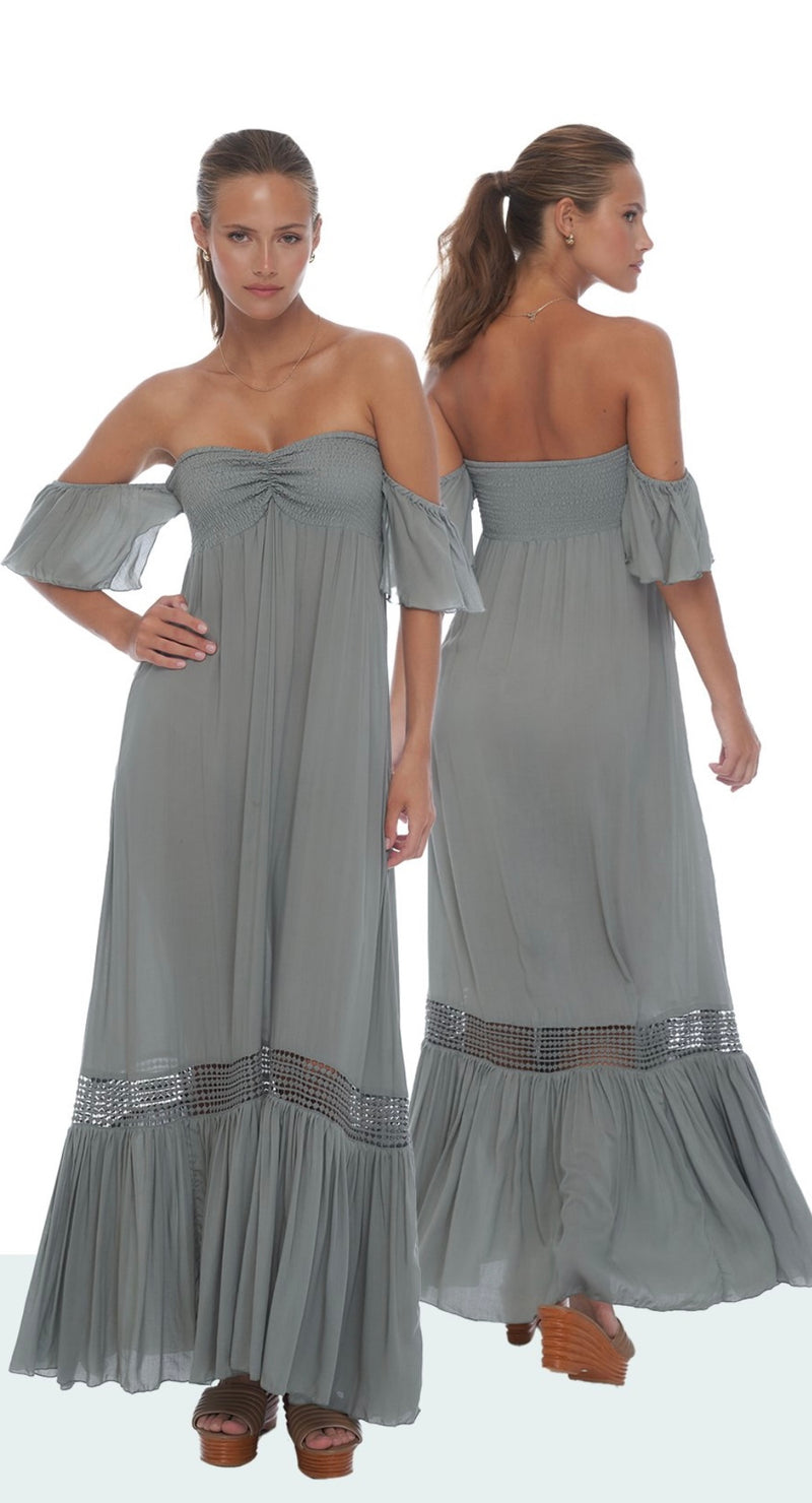 Khush Tie Dye Grey Rowan Cap Sleeve Smoked Cinched Bodice Bottom Ruffle Lace Insert Maxi Dress