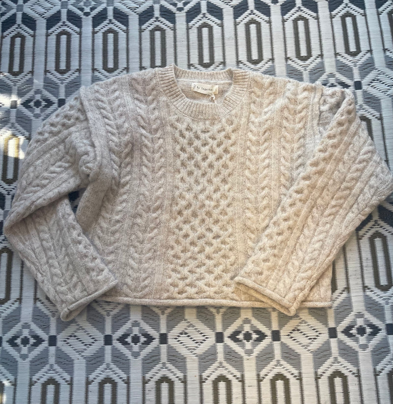 By Together Natural Crew Neck Cabled Front and Sleeves Slightly Cropped Fall Sweater