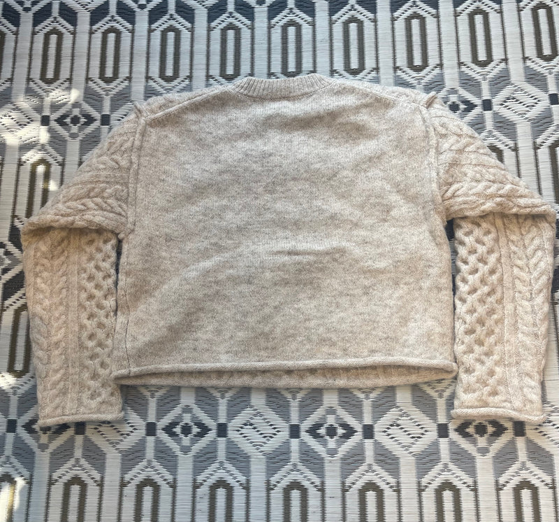 By Together Natural Crew Neck Cabled Front and Sleeves Slightly Cropped Fall Sweater