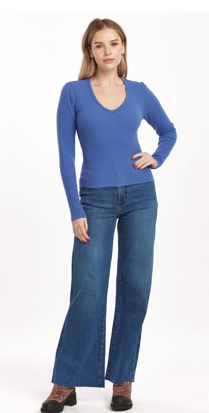 Dear John Denim Blue Lolite Marlowe Ribbed VNeck Long Sleeve Top