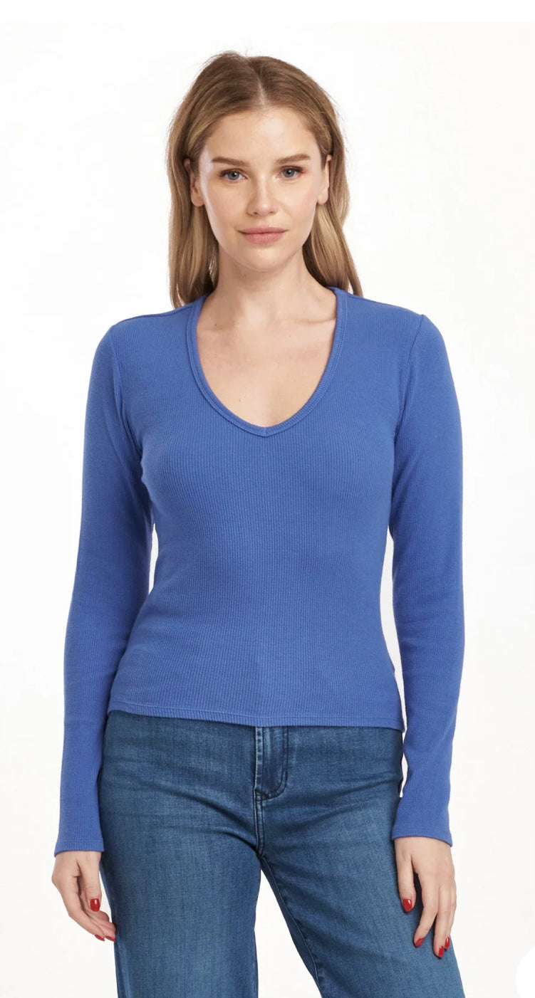 Dear John Denim Blue Lolite Marlowe Ribbed VNeck Long Sleeve Top