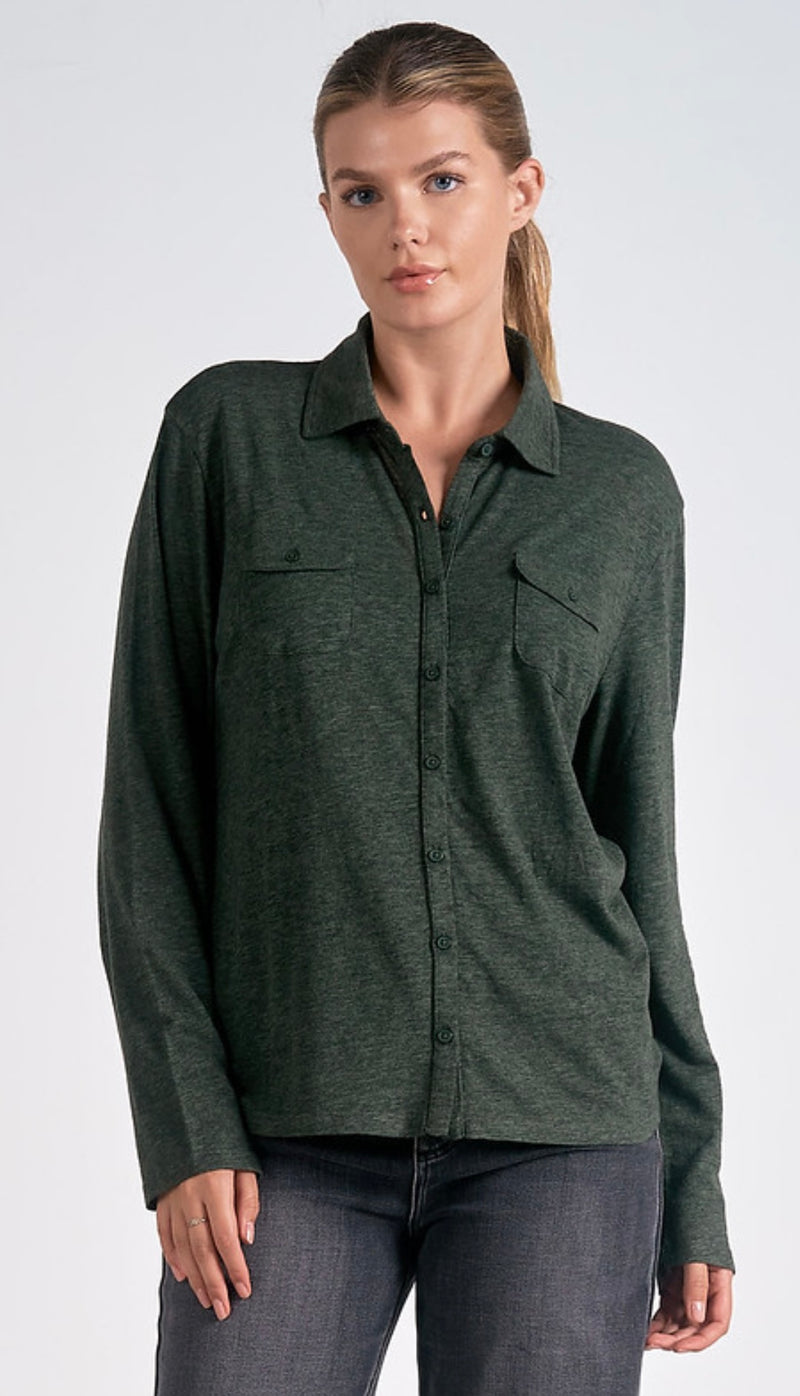 Elan Olive Long Sleeve Button Down Collared Top