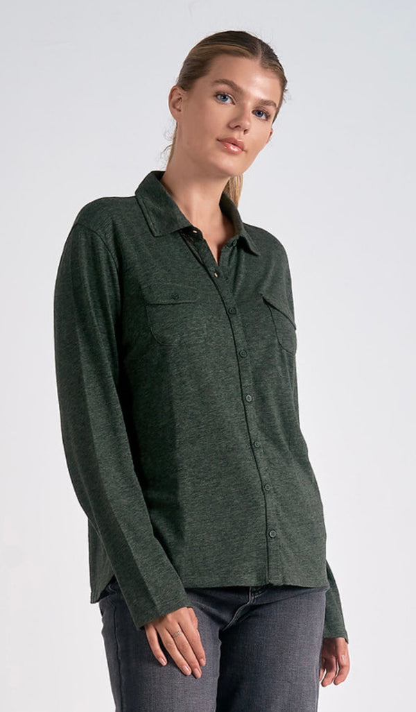 Elan Olive Long Sleeve Button Down Collared Top