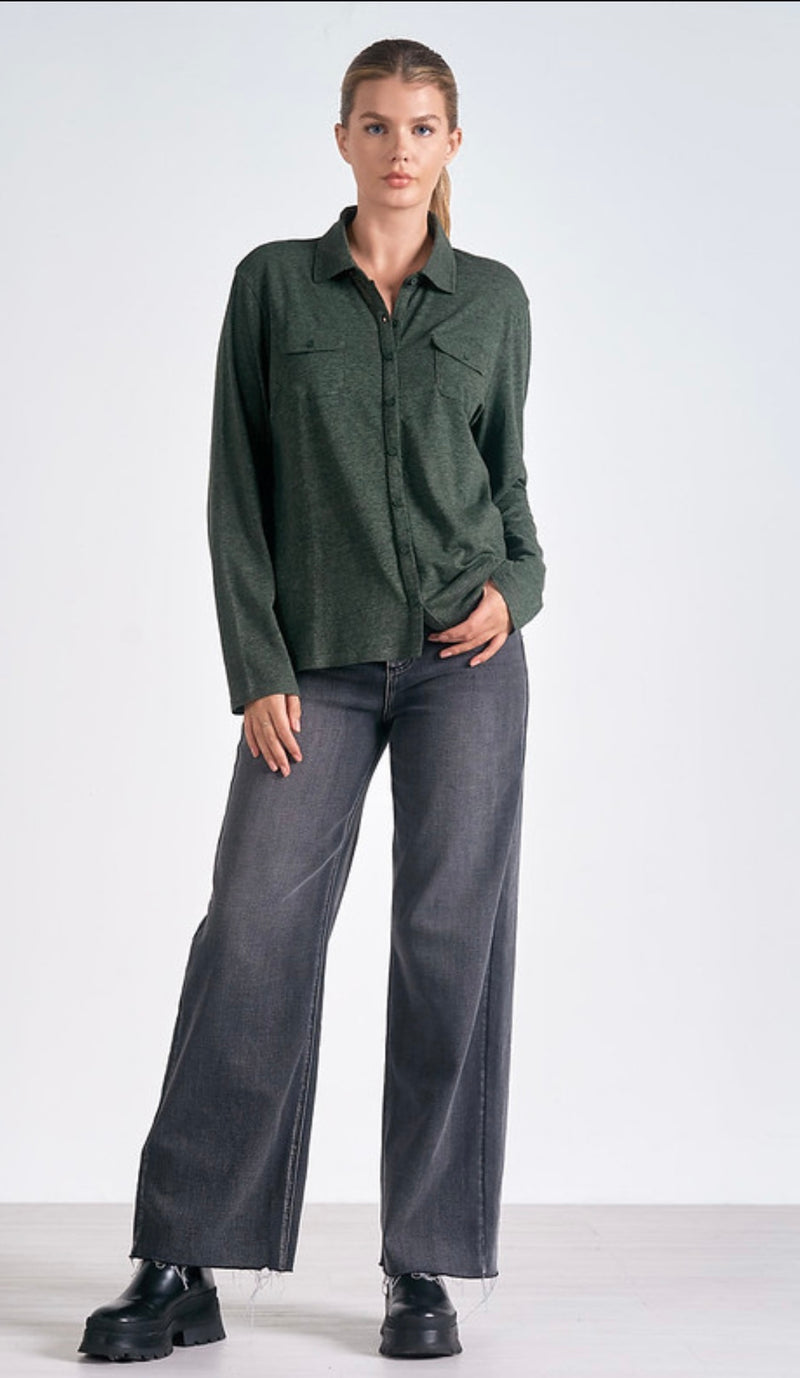 Elan Olive Long Sleeve Button Down Collared Top