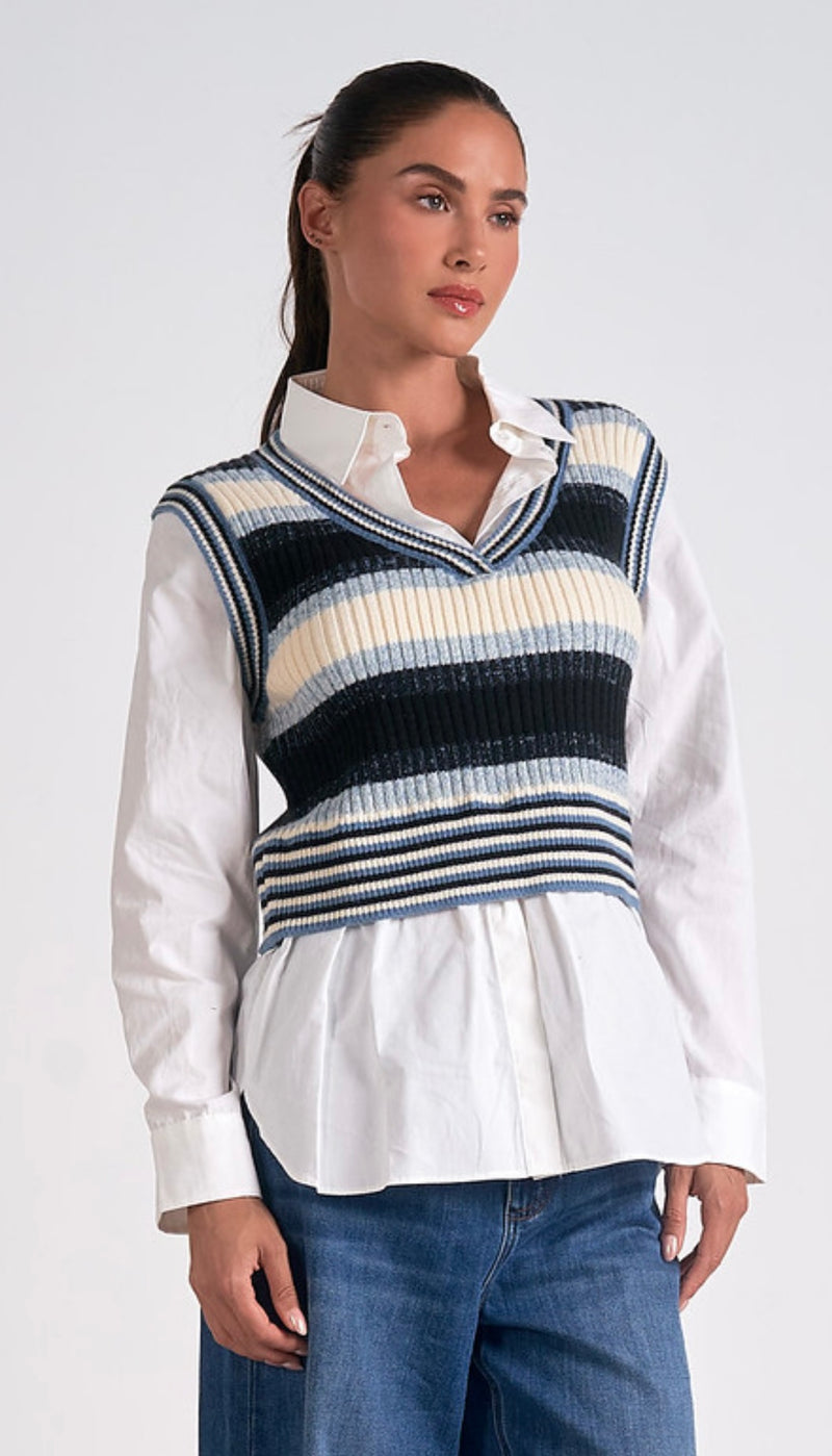 Elan Blue Multi Striped Long Sleeve Multi Media Sweater Top