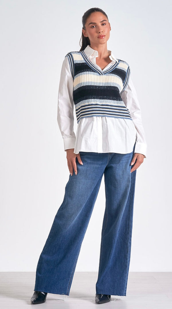 Elan Blue Multi Striped Long Sleeve Multi Media Sweater Top