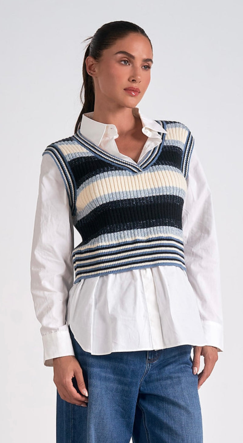 Elan Blue Multi Striped Long Sleeve Multi Media Sweater Top